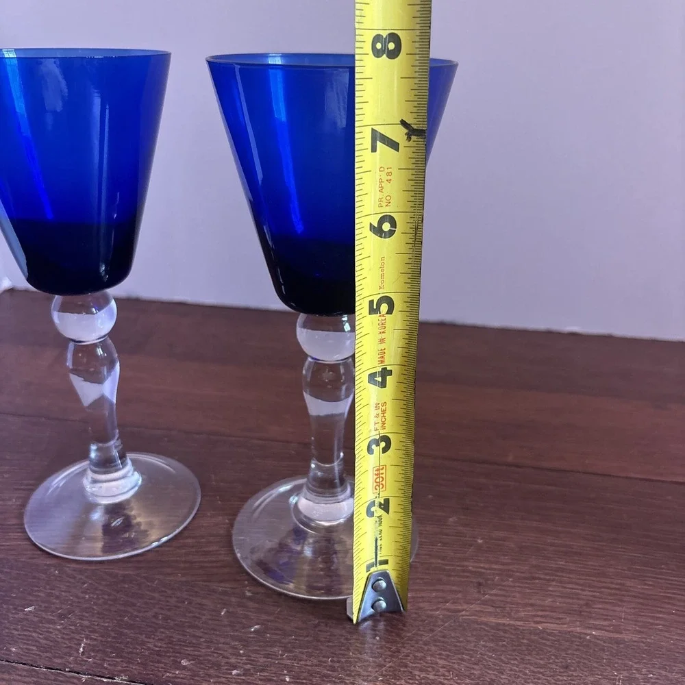 Vintage Hand Blown Cobalt Blue With Clear Stem  Water Wine Glass Set Of‎ 2